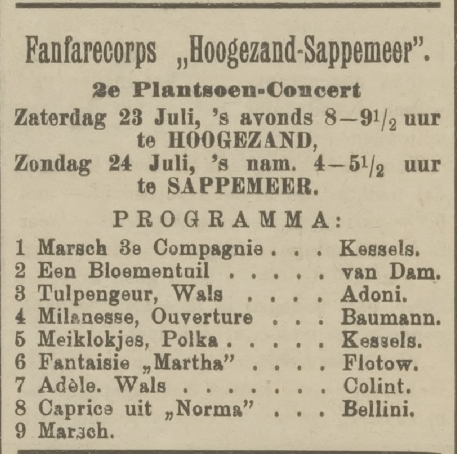  Programma van het Fanfarecorps H.S. uit 1921. Met onder andere Kessels, van Dam en Bellini.