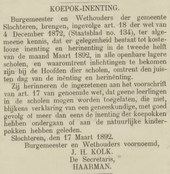 Krantenartikel uit 1892 waarin wordt genoemd dat er mogelijkheid is om te worden ingeënt tegen koepokken in alle openbare lagere scholen.