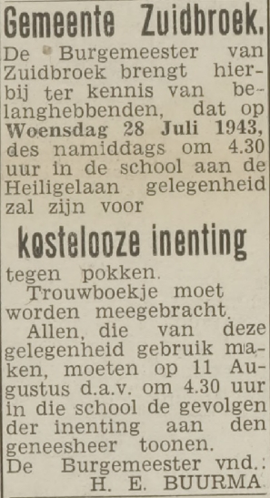Oproep in de krant voor de gratis inenting tegen pokken 1943.