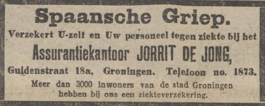  Advertentie van 15 juli 1918 over verzekering vanwege de Spaanse griep.