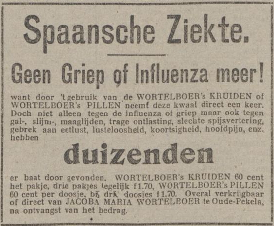 Advertentie van 5 augustus 1918 voor kruiden en pillen tegen de Spaanse griep.