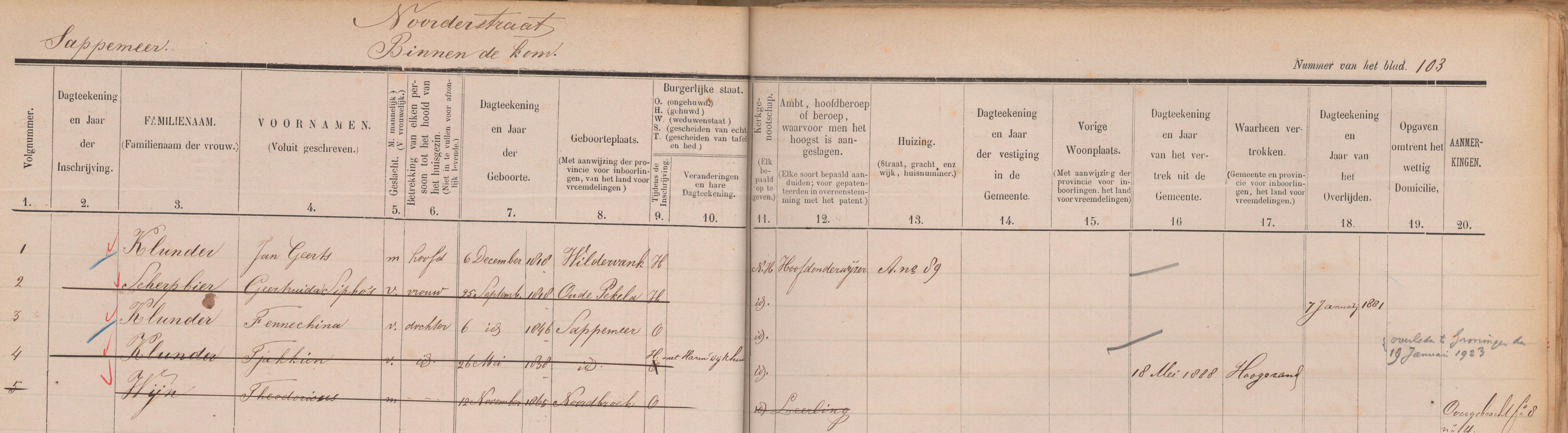 Inschrijving in het bevolkingsregister van Jan Geerts Klunder als hoofd van zijn gezin (en leerling) in de Noorderstraat nr. 89.