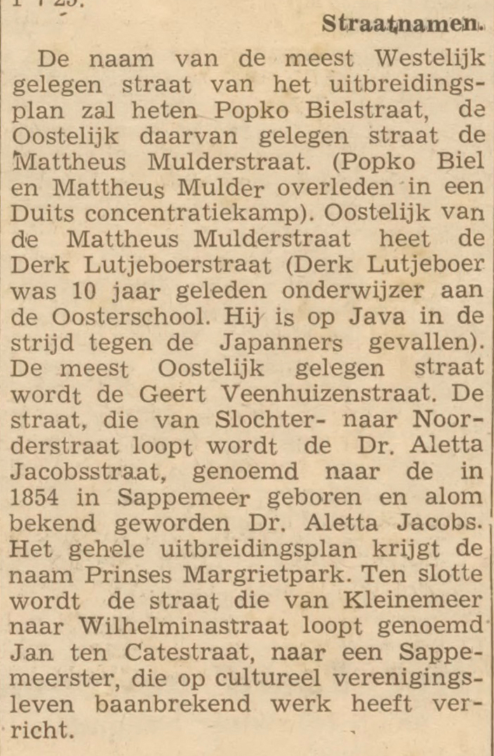op 5 februari 1947 lezen we in het Nieuwsblad over de Derk Lutjeboerstraat.