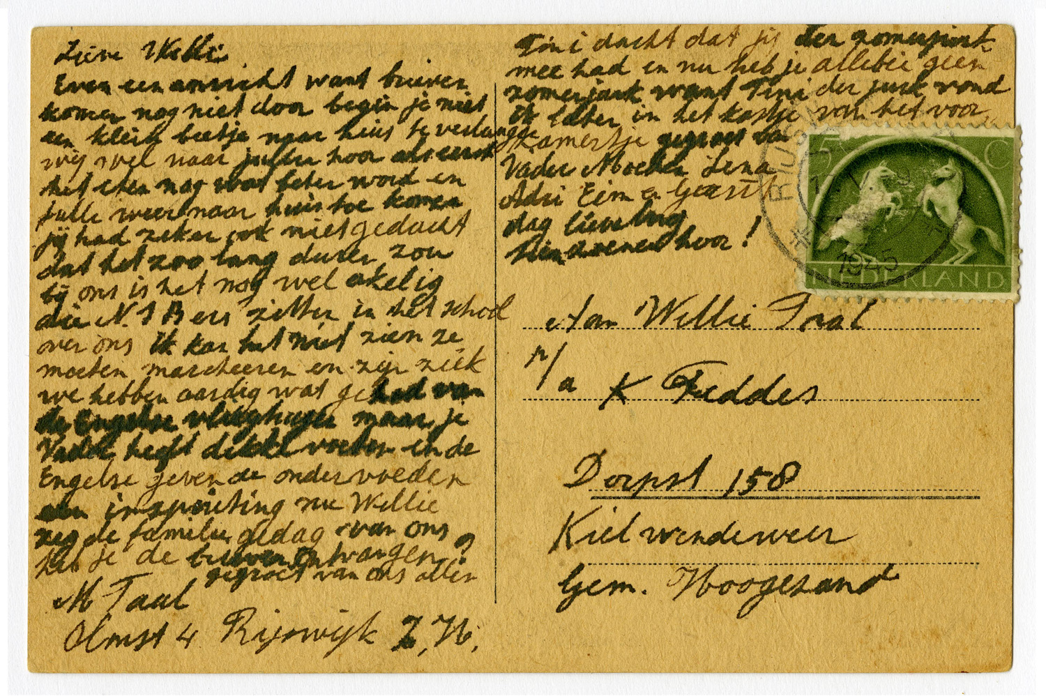 briefkaart van moeder Taal aan haar dochter die als hongerkind verbleef bij de familie Feddes te Kiel-Windeweer.