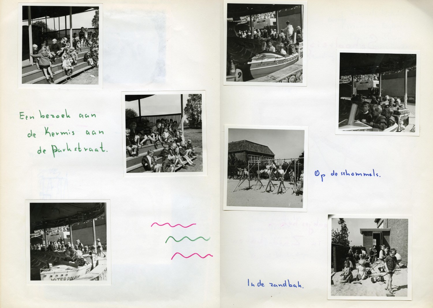 Twee pagina's uit het fotoalbum met allerlei kinderen op de kleuterschool