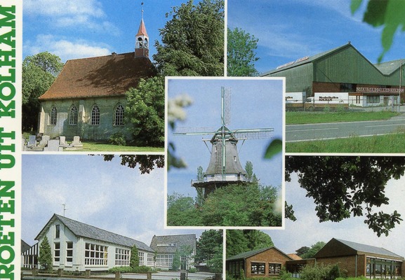 Ansichtkaart van Kolham, met onder andere de molen, school en kerk.